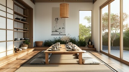 Elevated Japandi Dining Dining area with a low table