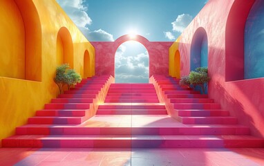 3d rendering of colorful ancient city with stairs and walls. minimalist, pink yellow color scheme