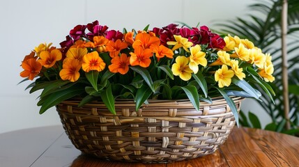 a basket filled with lots of colorful flowers on top of a wooden table next to a potted plant on top of a wooden table.