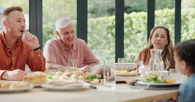 Family, home and table for lunch with conversation for bonding on visit, guest and excited for memories. Grandparents, son and child for dining with food or meal, smile and happiness for fun