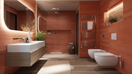 Inviting bathroom with warm coral accents, a floating vanity, and recessed LED lighting - obrazy, fototapety, plakaty