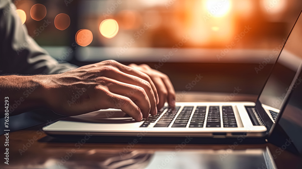 Poster a person is typing on a laptop computer. concept of productivity and focus, as the person is likely 