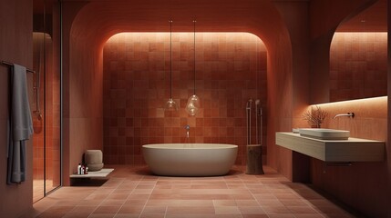Inviting bathroom with warm terracotta tiles, a floating vanity, and soft, diffused lighting


