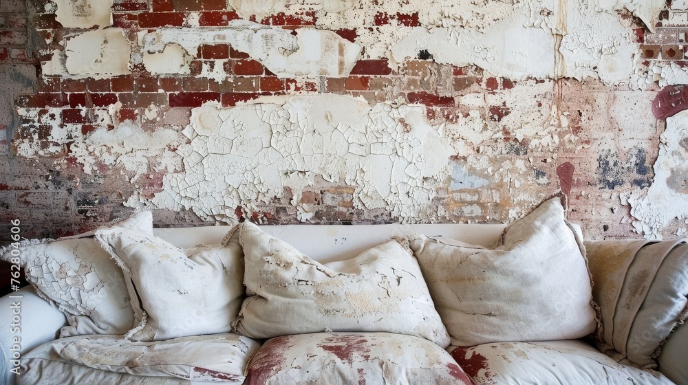 Poster a couch with several pillows on it in front of a wall with a peeling paint chipping off of it.
