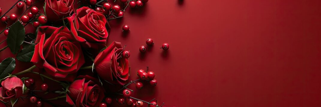 Red roses on red background with copy space. Valentines day concept