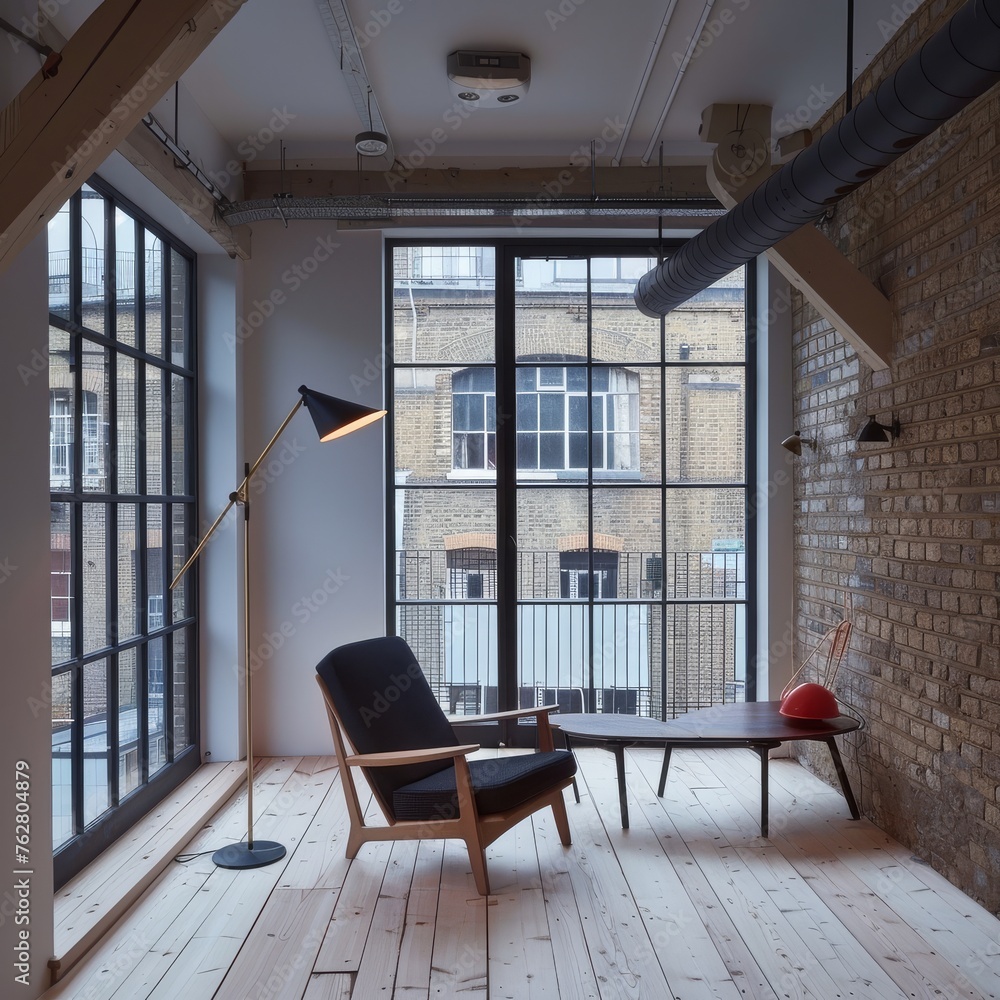 Poster a chair and table in a room with a brick wall and a large window with a view of the city.