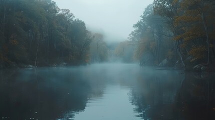 Fototapeta na wymiar a body of water surrounded by trees in the middle of a foggy day with a boat in the middle of the water.
