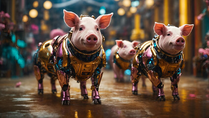 Pigs in Harnesses: Group of Domesticated Swine Outdoors - obrazy, fototapety, plakaty