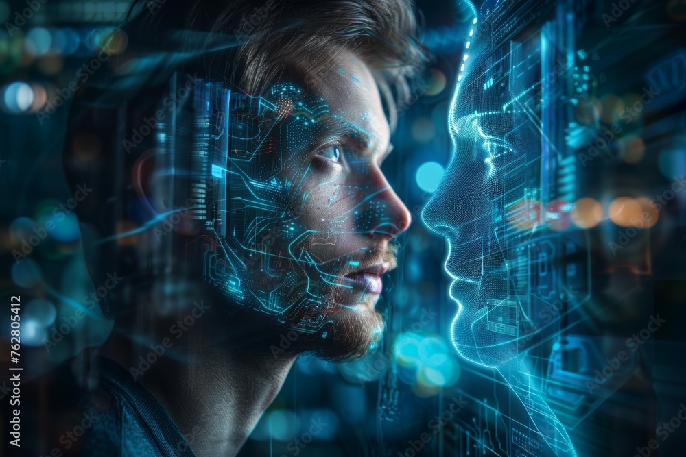 Poster a man with a computer chip in his face looking at another man