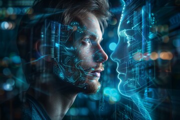 A man with a computer chip in his face looking at another man