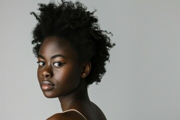A woman with a short, curly hairstyle and a dark complexion - obrazy, fototapety, plakaty