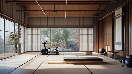 Japandi home gym with minimalist equipment, tatami flooring, and shoji screens


 - obrazy, fototapety, plakaty