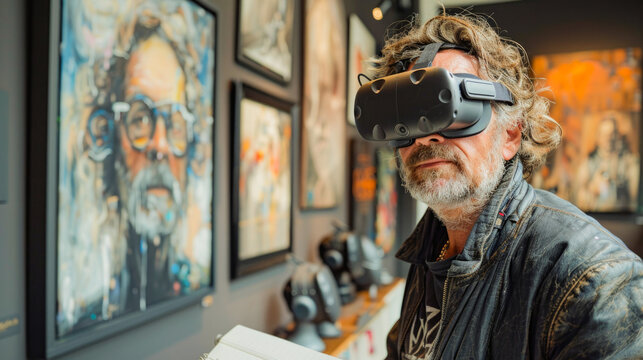 A man wearing a virtual reality headset in an art museum. A person using a VR headset to explore a museum. A visitor wearing a VR headset looks at a painting in a museum. generative ai.