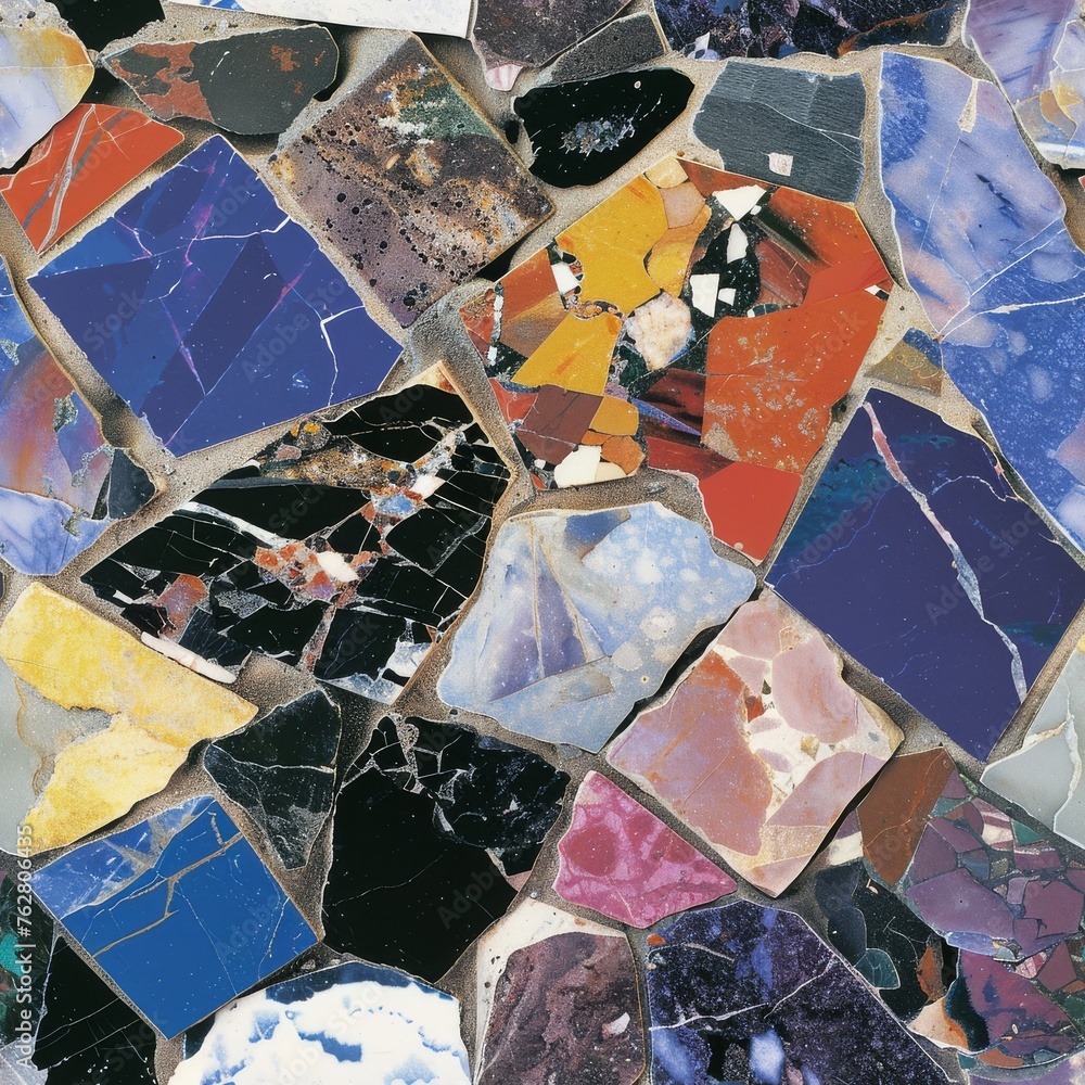 Poster a close up of a multicolored tile with a white object in the middle of the mosaic pattern on top of 
