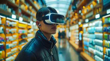 A man in virtual reality glasses makes purchases in a store, a person in a grocery supermarket. Futuristic world. generative ai