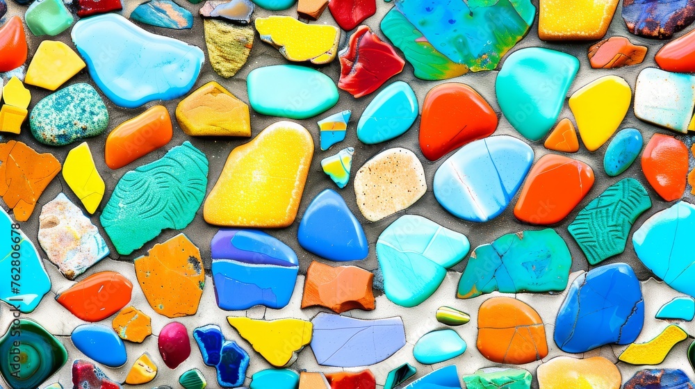 Aufkleber a close up of a wall made up of many different colored pieces of glass and stone with different shap