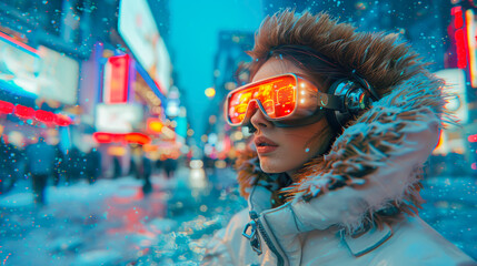 Beautiful girl on the street in winter in virtual reality glasses. Futuristic world of virtual reality and technology. generative ai