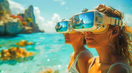Two beautiful female friends from Lysbyka on a trip wearing virtual glasses. Artificial intelligence is almost human. Futuristic world of virtual reality and technology. generative ai - obrazy, fototapety, plakaty