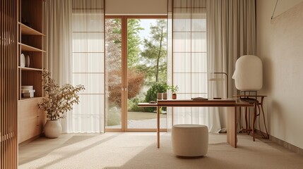 Japandi home office with a low desk shoji screens 