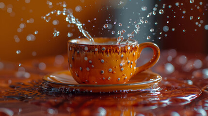 a close up of a cup on a saucer on a table with water droplets coming out of the cup.