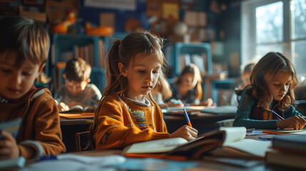 Children focused on schoolwork at desks in a bright classroom setting - obrazy, fototapety, plakaty