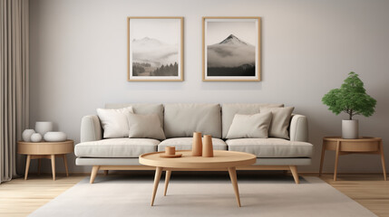 Contemporary Living Room with Neutral Palette and Mountain Triptych Wall Art