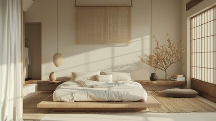 Obraz na płótnie Canvas Japandi Inspired Bedroom Retreat Bedroom retreat with a white picture.