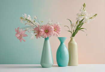 Minimal mockup background with pastel flowers in vases for advertising and presentation