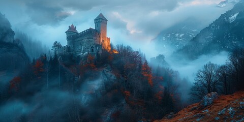 Background with the Old Gothic Castle in the hill - obrazy, fototapety, plakaty