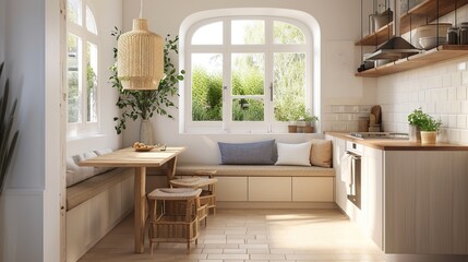 Japandi Inspired Kitchen Nook Compact kitchen nook with dishes