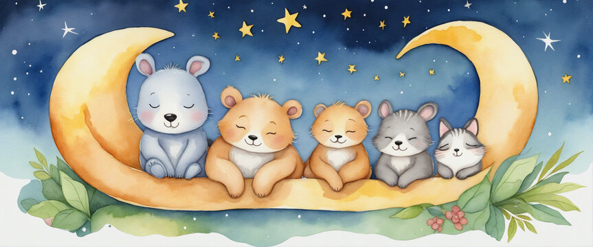 Cute Sleepy Animal On The Half Moon Collection, Watercolor Style Illustration, Good Night Clipart With Cartoon Character