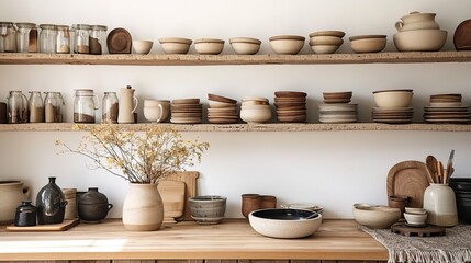 Fototapeta na wymiar Japandi kitchen with bamboo countertops open shelving