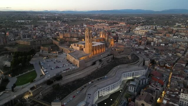 Aerial view of a Gothic-Romanesque cathedral in Lleida, an ancient city in Spain