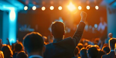 Excited audience celebrates business triumph as speaker steps onto the stage at conference. Concept Business Success, Public Speaking, Conference, Celebration, Achievement - obrazy, fototapety, plakaty