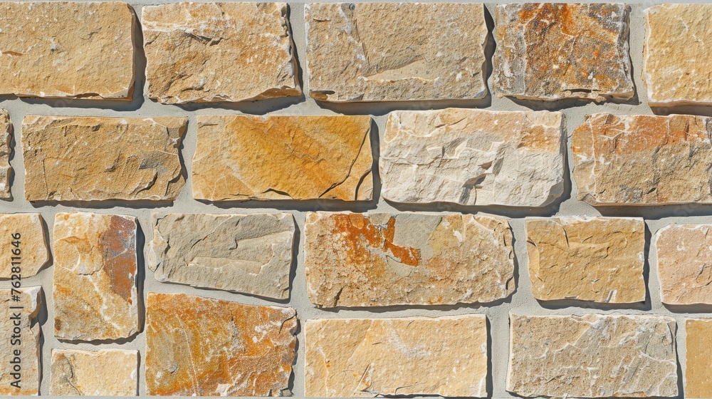 Poster a close up of a stone wall made of different colors of rocks and blocks of different sizes and shape