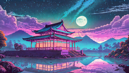 house, nightsky withOriental Lanscape Detailed