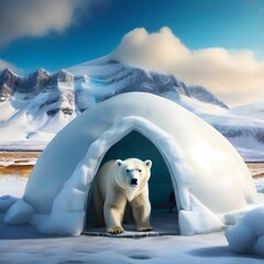 Polar bear in his igloo amidst an idyllic winter scene in Antarctica generative ai
