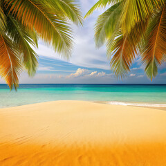 Yellow sand with palm trees and blue sea