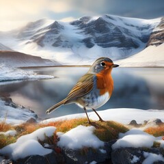 Robin amidst an idyllic winter scene in Antarctica 