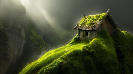 a house sitting on top of a lush green hillside next to a cliff with moss growing on top of it. - obrazy, fototapety, plakaty