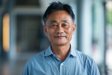 A man with a blue shirt and gray hair is smiling