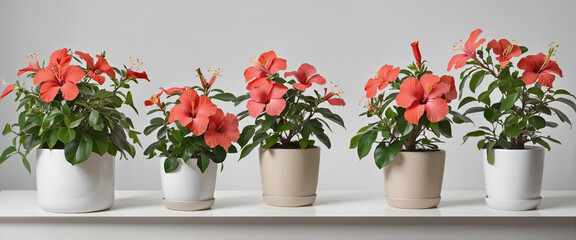 collection of hibiscus plants in various pots isolated on a transparent background