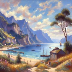 Summer beach by the sea with sailboats on the water. Oil paintings landscape.