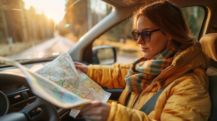 Woman traveling by car on road trip with map planning route Lifestyle concept adventure vacations outdoor - obrazy, fototapety, plakaty