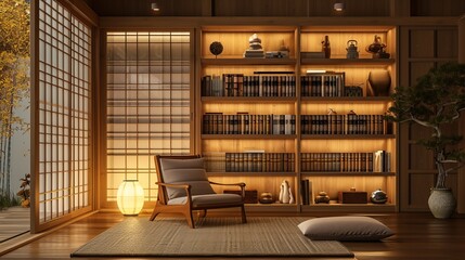 Japandi reading nook with a low chair, wooden bookshelves, and soft lighting - obrazy, fototapety, plakaty