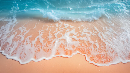 Fototapeta premium The soft, warm glow of sunset illuminates a tranquil beach scene where gentle waves create frothy patterns as they wash ashore on smooth sand - Generative AI