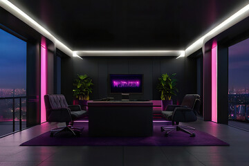 A moder Podcast studio, dark background. for streaming or broadcast  