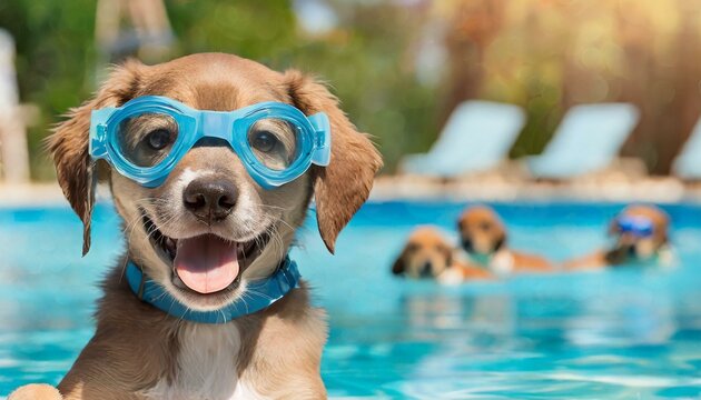 Happy puppy wearing goggles at a pool party. Funny and Cute Animal image of dogs swimming in the summer.