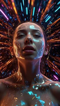 Futuristic aesthetic with a woman's face surrounded by luminous lines that radiate energy from the background. The plastic skin suggests a mix of technology and humanity. Slow motion