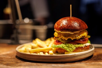 A gourmet burger masterpiece featuring a perfectly cooked patty enveloped in melted cheese and fresh vegetables, serving of golden fries